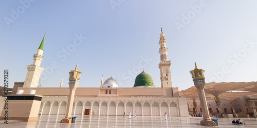 Medina, Saudi Arabia - March 22, 2018 : Exterior view of Nabawi Mosque (Prophet Mosque) building in Medina. Selective focus