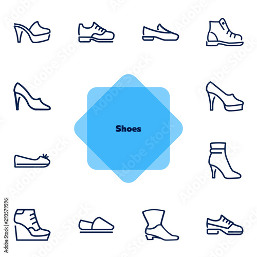 Shoes line icon set. Set of line icons on white background. Cowboy boot, espadrille, high heel shoes. Fashion concept. Vector illustration can be used for topics like clothing, fashion, shoes