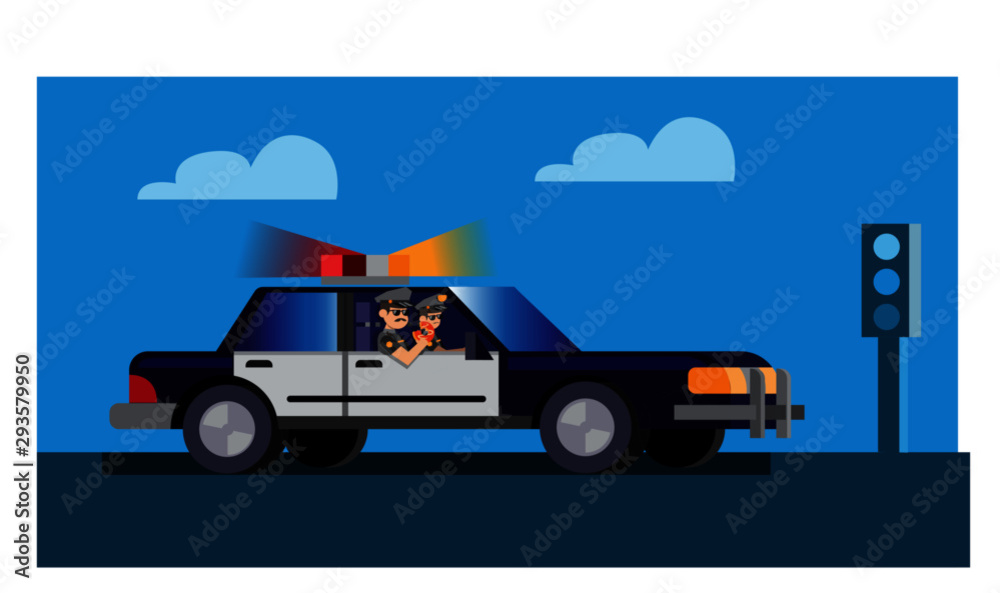 police officer patrol with car and eating donut flat design