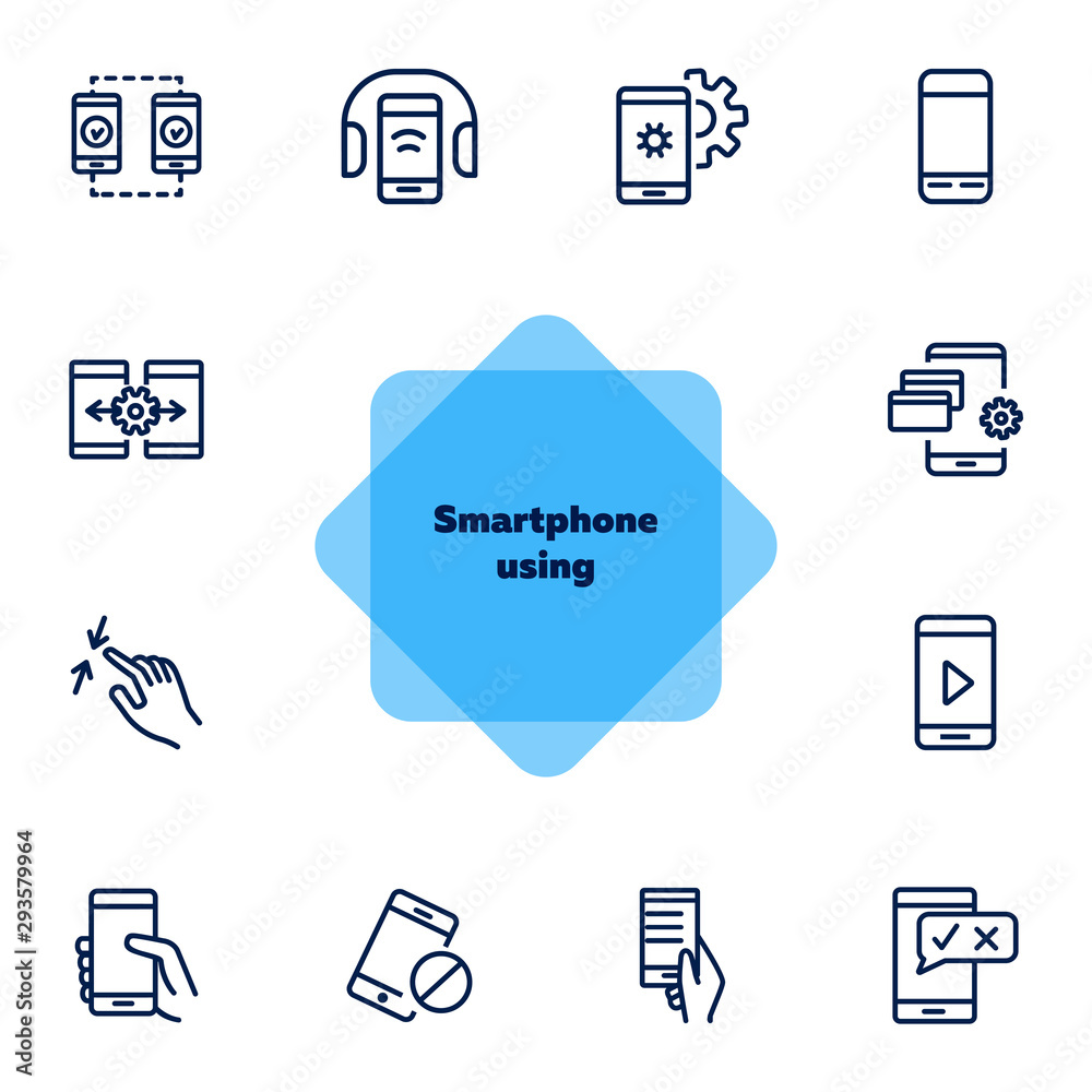 Smartphone using line icon set. Headphone, credit card, pinch. Electronic  devices concept. Can be used for topics like manual, gadget features, online  payment Stock Vector | Adobe Stock