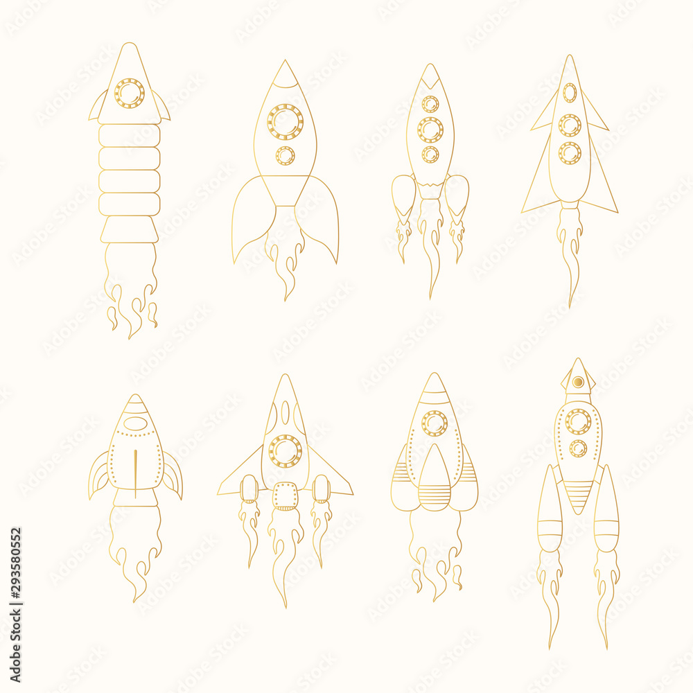 Cartoon set of golden spaceships, rocketships and spacecrafts for astronauts. Gold shuttle for space flights. Futuristic galaxy stickers for kids. Cartoon set of golden spaceships, rocketships and spacecrafts for astronauts. Gold shuttle for space flights. Futuristic galaxy stickers for kids.