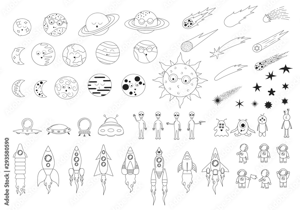 Big collection of line cartoon solar system elements with spaceships, ships and spacecrafts, earth, moon, sun and planets. Futuristic ufo with cute astronauts, aliens, monsters, stars and comets. Big collection of line cartoon solar system elements with spaceships, ships and spacecrafts, earth, moon, sun and planets. Futuristic ufo with cute astronauts, aliens, monsters, stars and comets.