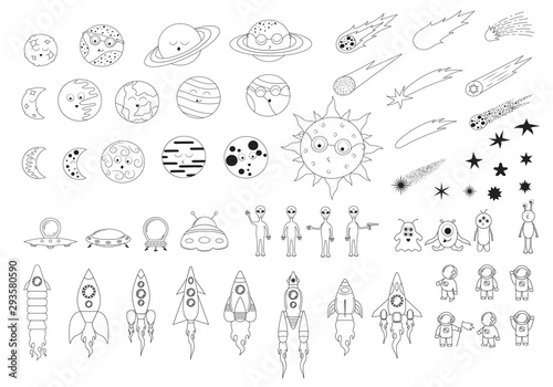 Big collection of line cartoon solar system elements with spaceships, ships and spacecrafts, earth, moon, sun and planets. Futuristic ufo with cute astronauts, aliens, monsters, stars and comets. 
