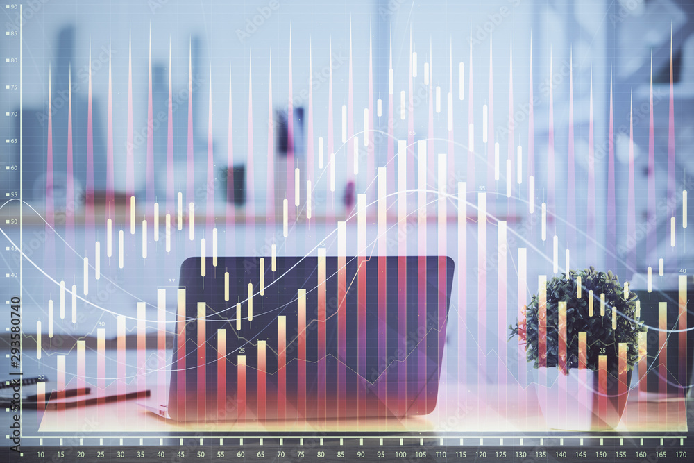 Stock market chart hologram drawn on personal computer background. Multi exposure. Concept of investment. Stock market chart hologram drawn on personal computer background. Multi exposure. Concept of investment.