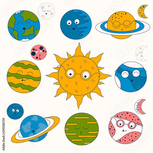Fototapeta Naklejka Na Ścianę i Meble -  Cute cartoon earth, moon, sun and other planets. Collection with solar system elements for kids.