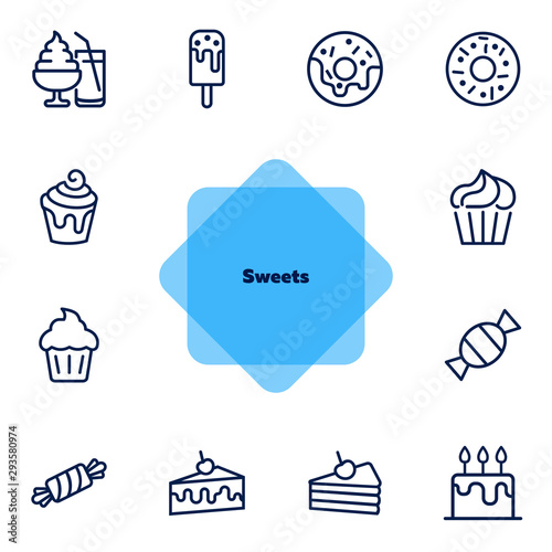 Sweets line icon set. Set of line icons on white background. Confectionery concept. Ice-cream, pie, cake, caramel. Vector illustration can be used for topics like confectionery, sweet, cafe