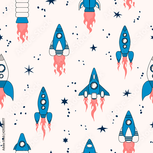 Seamless pattern with cartoon spaceships, rocketships and spacecrafts for astronauts. Shuttle background. Space texture for kids fabric.