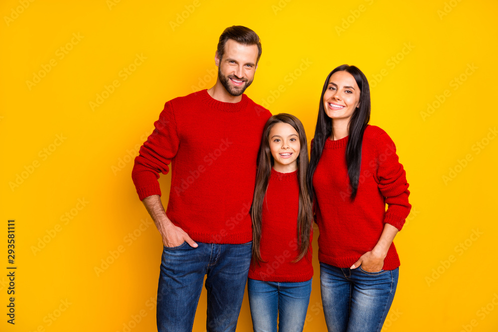 Photo of cute nice happy enjoying family standing confidently in jeans denim with hands in pockets smiling toothily man bearded woman attractive isolated over vivid yellow color background Photo of cute nice happy enjoying family standing confidently in jeans denim with hands in pockets smiling toothily man bearded woman attractive isolated over vivid yellow color background