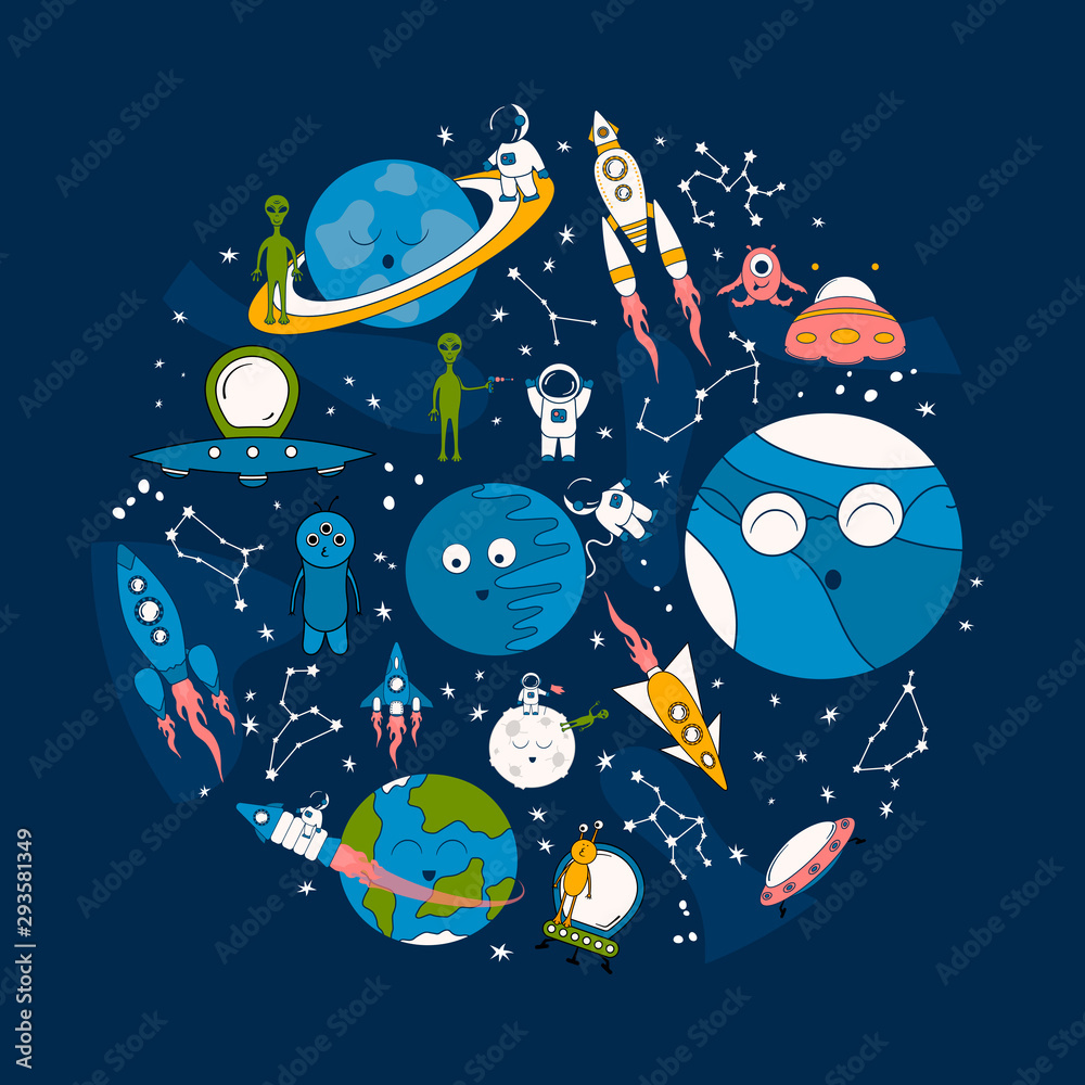 Cartoon space banner with aliens, astronauts, spaceships in cosmos with ...