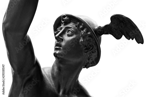 Ancient statue of the antique god of commerce, merchants and travelers Hermes - Mercury. He is olympic gods messenger with wings on a helmet. Sculpture isolated on white background by clipping path