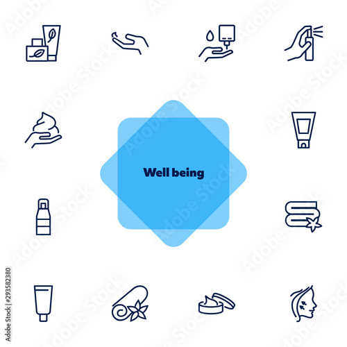 Well being line icon set. Face lifting, facial cream, folded towel. Beautician concept. Can be used for topics like beauty products, spa salon, body care