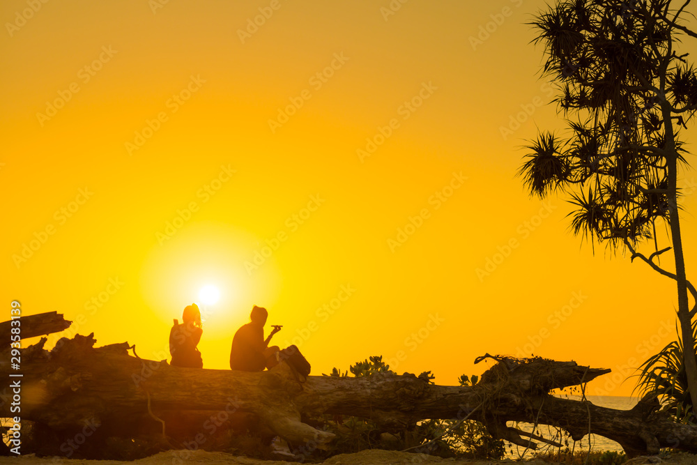 Silhouettes of romantic couple sitting on tree trunk at tropical beach at sunset Silhouettes of romantic couple sitting on tree trunk at tropical beach at sunset
