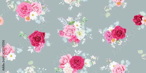 Shabby chic seamless pattern with pretty marsala and blush roses, decorated w...