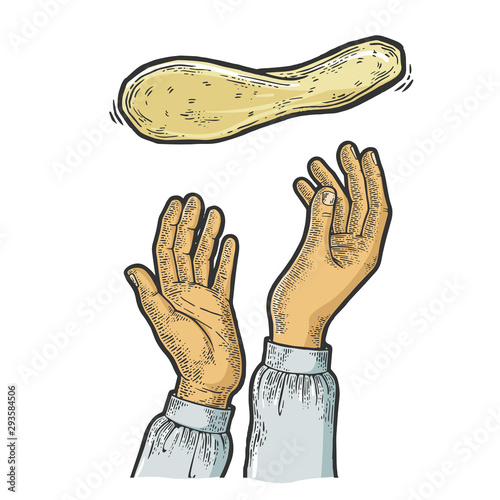 Pizza dough flying and pizzaiolo hands sketch engraving vector illustration. Pizza cooking metaphor. Scratch board style imitation. Hand drawn image.