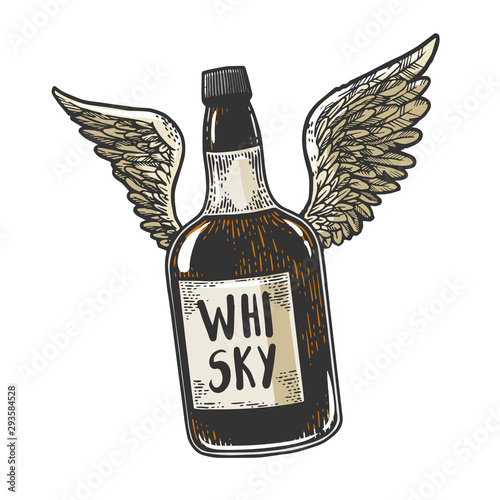 Flying whiskey alcohol bottle with wings sketch engraving vector illustration. Scratch board style imitation. Black and white hand drawn image.