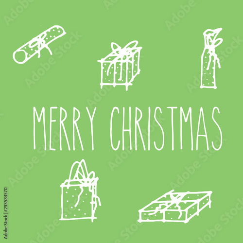 vector hand drawn illustration/ merry christmas card/ christmas presents on green background