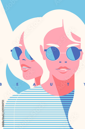 Fashion portrait of a blondie model girl with sunglasses. Retro trendy coral color poster or flyer. photo