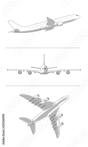 Hand drawn flying air plane sketch line art style. 