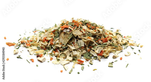 Dry cut and chopped up vegetables mix, spice isolated on white background