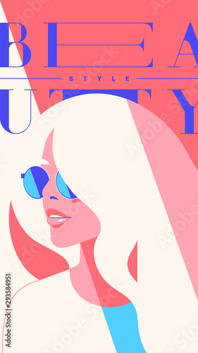 Fashion portrait of a blondie model girl with sunglasses. Retro trendy coral color stories template. photo