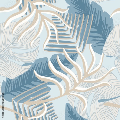 Abstract exotic plant seamless pattern. Tropical pattern, palm leaves seamless botanical background.