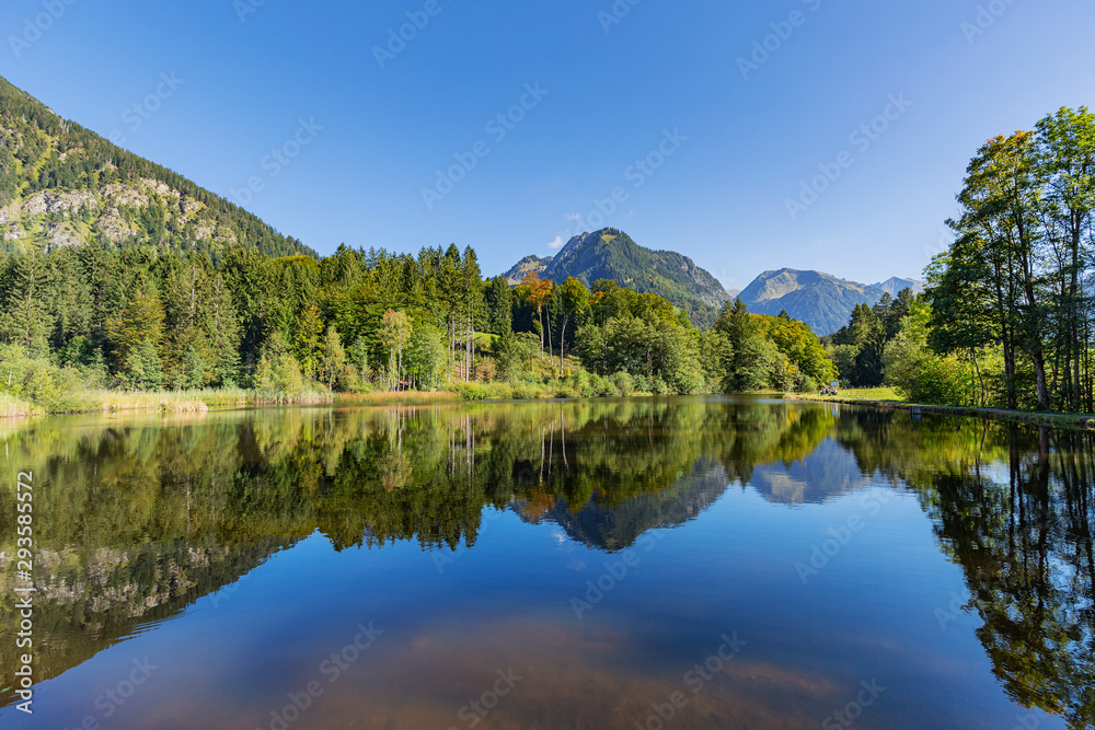 Oberstdorf - View to Lake Moorweiher with Mountains reflected , Bavarari, Germany