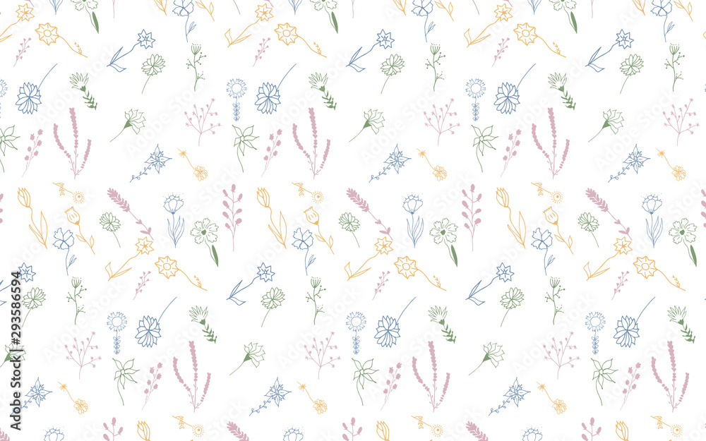 Seamless pattern with hand drawn doodle flowers and leaves. Vector floral illustration for wallpaper. Can be used on card, planner, notebook or fabric