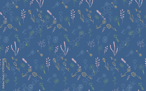 Seamless pattern with hand drawn doodle flowers and leaves. Vector floral illustration for wallpaper. Can be used on card, planner, notebook or fabric