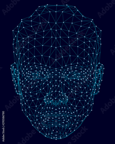 Wireframe of a human face from blue lines on a dark background with luminous lights. Front view. Digital face identification. Vector illustration.
