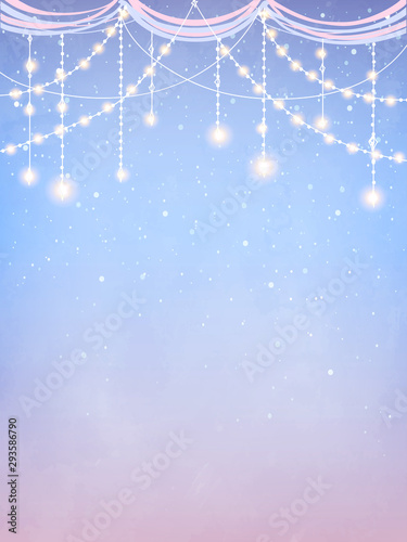 Inspiration card with magical snowfall. Hanging holiday lights for a Christmas party, wedding, festival