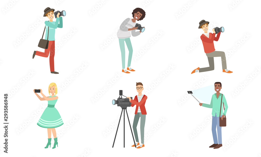People with cameras and smartphones. Set of vector illustrations.
