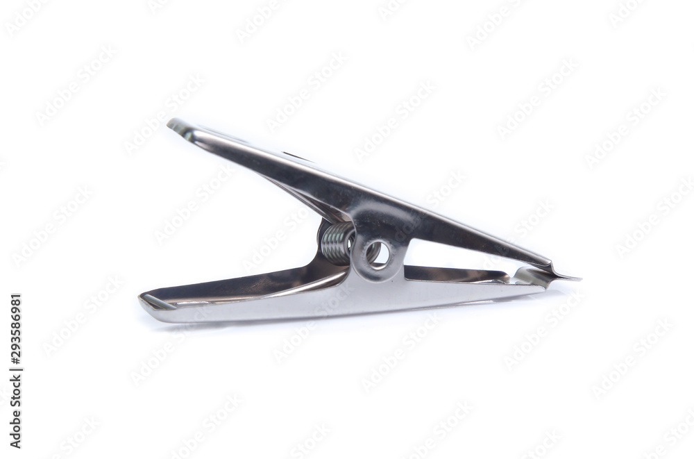 Peg steel, metal clothespin isolated on white background Peg steel, metal clothespin isolated on white background