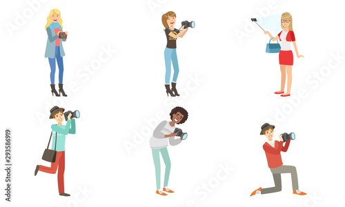 People take selfies. Set of vector illustrations.