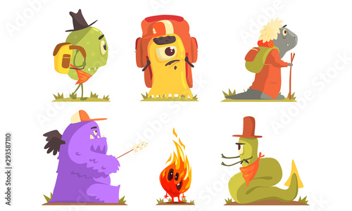 Cute humanized monsters on a hike. Vector illustration.
