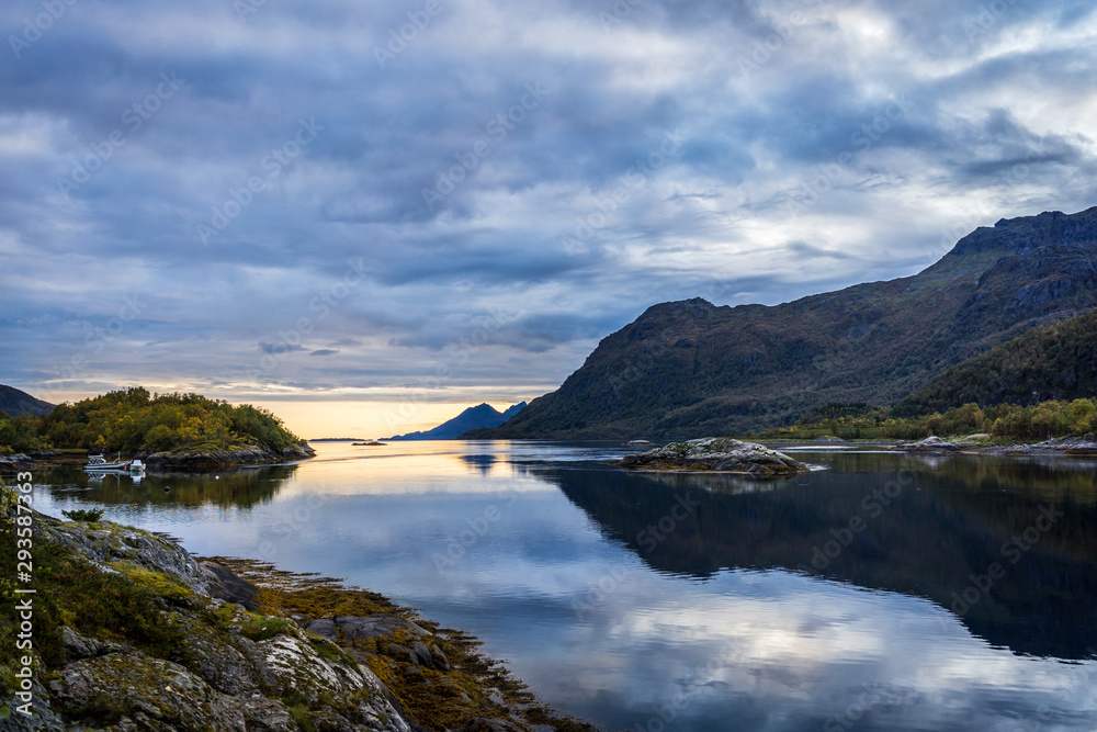Landscape in norwegian fiord with sea and mountains, Lodingen, Norway