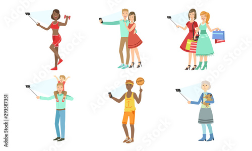 People take pictures of themselves. Set of vector illustrations.