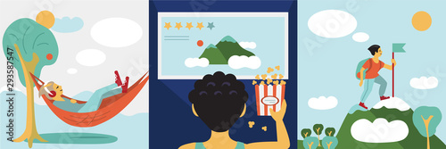 Boy, child or man in a hammock on nature and dreams, sleeps or studies homework, watches a movie on TV and climbs the mountains, reaching goals, vector flat illustration set