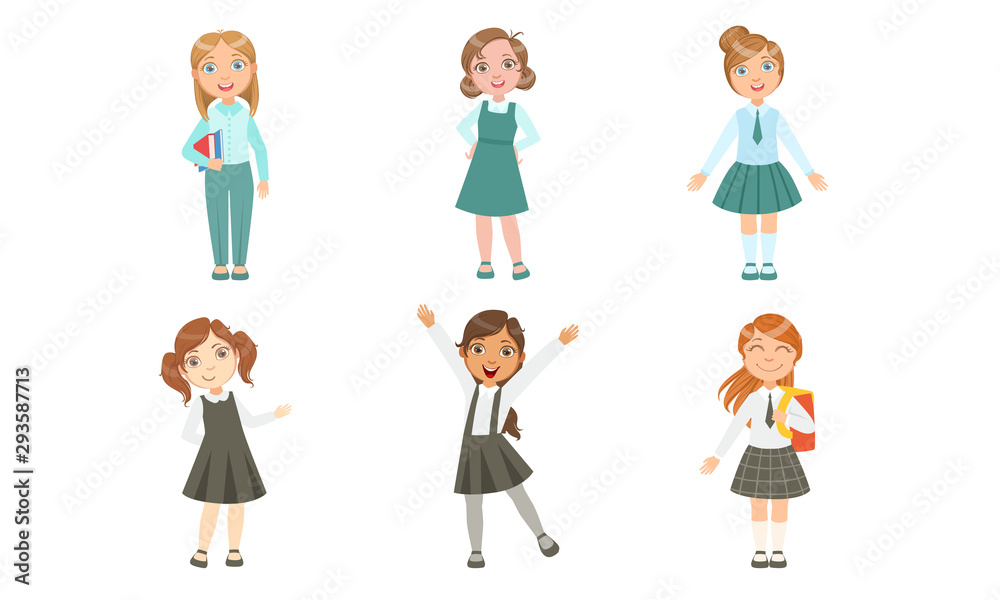 Set of images of girls schoolgirls in uniform. Vector illustration.