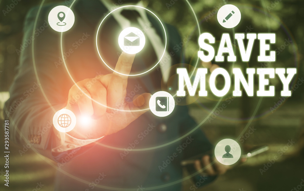 Writing note showing Save Money. Business concept for store some of your cash every month to use them sometime later Writing note showing Save Money. Business concept for store some of your cash every month to use them sometime later