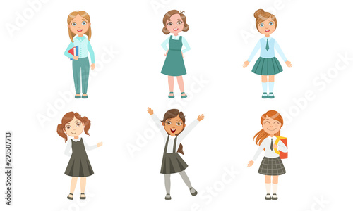 Set of images of girls schoolgirls in uniform. Vector illustration.