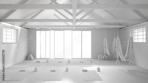 Total white project of empty yoga studio interior design  minimal open space with mats  hammocks and accessories  wooden floor and roof  ready for yoga practice  panoramic window