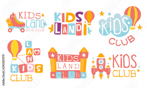 Kids Land Club Logo Set, Education Centre for Children Colorful Labels Vector Illustration