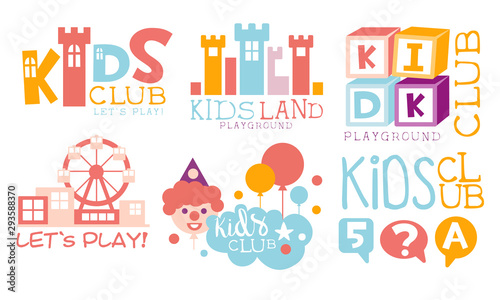 Kids Land Playground Logo Set, Childrens Club Colorful Labels Vector Illustration