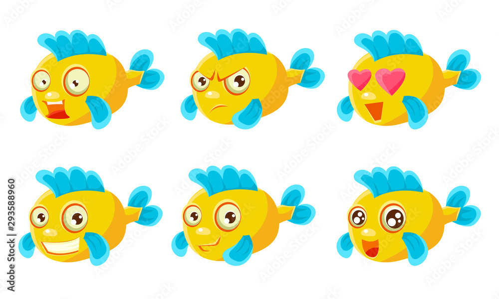 Funny Yellow Fish with Different Emotions Set, Cute Sea Creature Cartoon Character Vector Illustration Funny Yellow Fish with Different Emotions Set, Cute Sea Creature Cartoon Character Vector Illustration