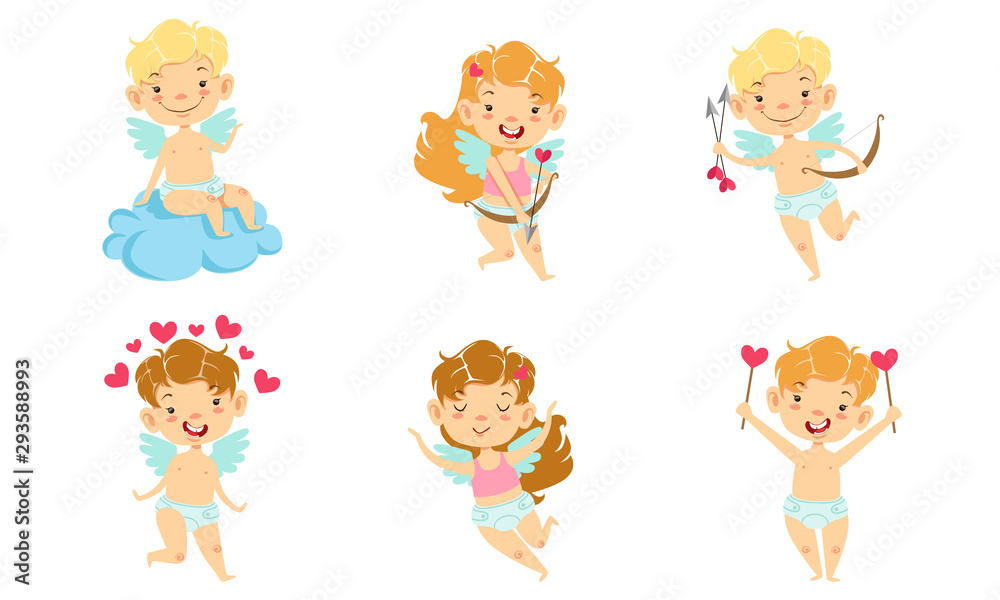 Happy Smiling Baby Angels with Wings Set, Adorable Boys And Girls Cupids Cartoon Characters Vector Illustration Happy Smiling Baby Angels with Wings Set, Adorable Boys And Girls Cupids Cartoon Characters Vector Illustration