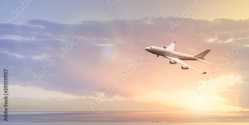 Commercial airplane flying in the sky at sunset or sunrise. 3D illustration