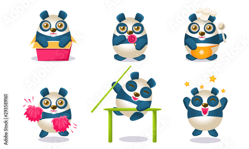 Cute Funny Pandas Characters Set, Adorable Chinese Humanized Animals in Different Situations Vector Illustration