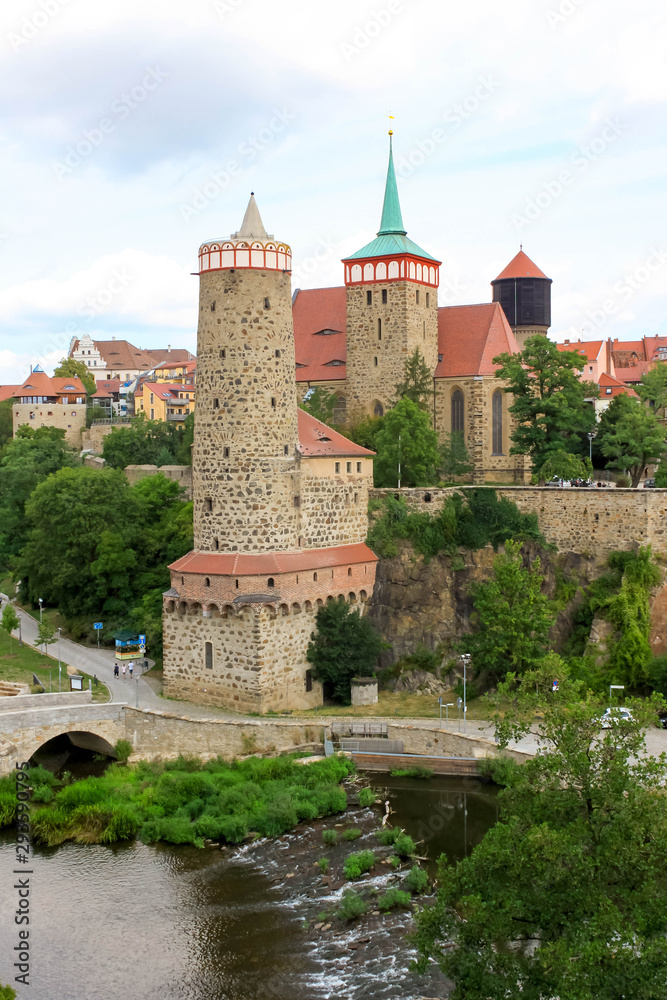 Bautzen , Saxony , Germany – August, 9th 2019: Bautzen old town with fortifications and towers natural landscape view