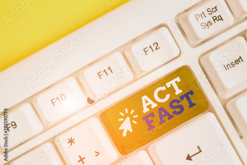 Writing note showing Act Fast. Business concept for Voluntarily move in the highest state of speed initiatively White pc keyboard with note paper above the white background photo