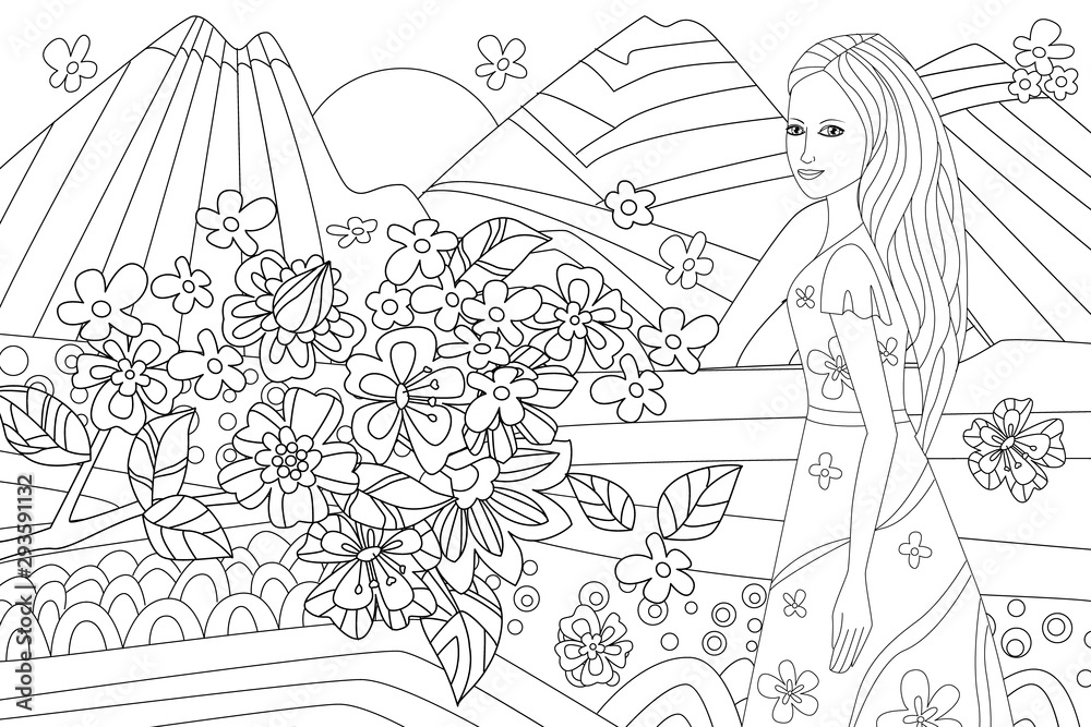nice girl in mountain landscape for your coloring book